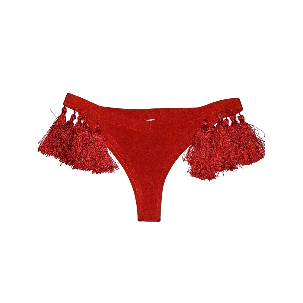 Wow Couture Red-Orange Large Tassel Cheeky Bikini Bottom Size M